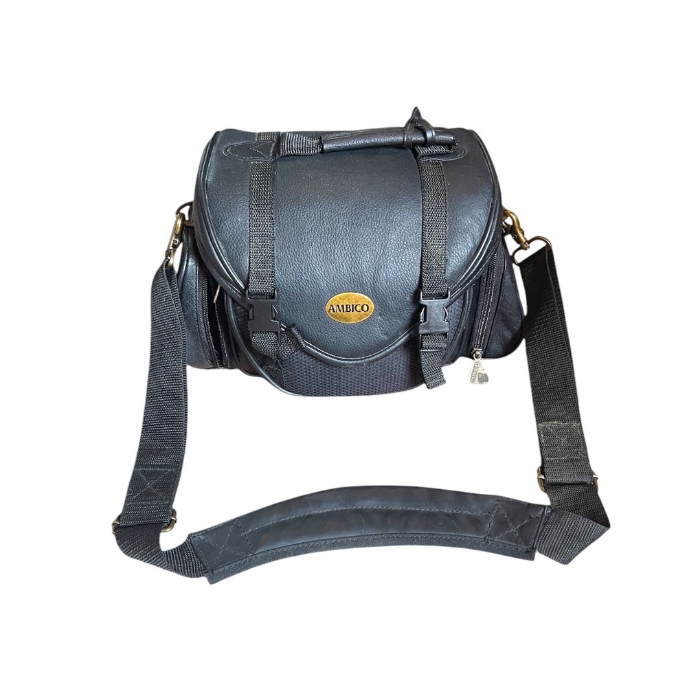 Vintage Ambico Black Leather‎ Adjustable Over the Shoulder Camera Bag Case